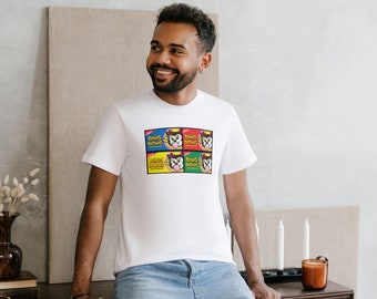 May include: White t-shirt with a colorful graphic print of a cartoon character with the text "Ding Dong" repeated four times.