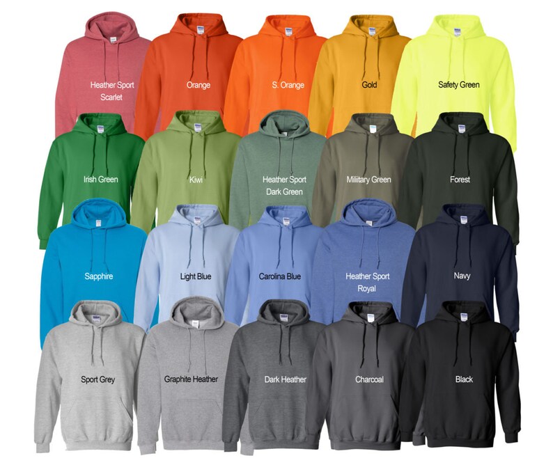 May include: A variety of 20 hooded sweatshirts in different colors, including heather sport scarlet, orange, safety green, Irish green, kiwi, dark green, sapphire, light blue, Carolina blue, heather sport royal, navy, sport grey, graphite heather, dark heather, charcoal, and black.