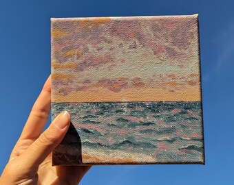Aesthetic Sparkly Ocean Canvas 6x6&quot; Painting | Glittering Sunrise with Sea ORIGINAL acrylic painting | Wall decor on small square canvas