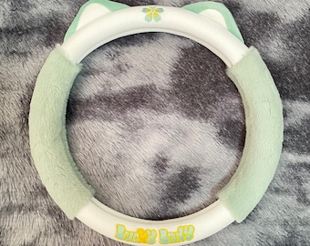 Green Sakura Cat Steering Wheel Cover, Cartoon Plush Cat Car Accessories, Custom Letter Steering Wheel Cover, Anti-slip Steer Wheel Cover