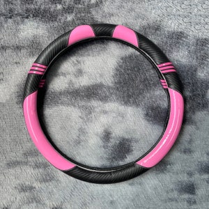 Rose Red Cat pattern Steering Wheel Cover, Leather Car Accessories, Custom Letter Steering Wheel Cover, Anti-slip Steer Wheel Cover