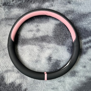 Black Pink Sport Steering Wheel Cover, Leather Car Accessories, Custom Letter Steering Wheel Cover, Anti-slip Steer Wheel Cover