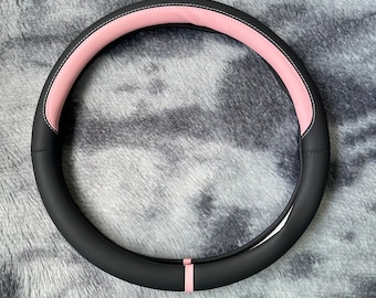 Black Pink Sport Steering Wheel Cover, Leather Car Accessories, Custom Letter Steering Wheel Cover, Anti-slip Steer Wheel Cover