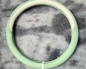 Light Green White Steering Wheel Cover,  Leather Car Accessories, Custom Letter Steering Wheel Cover, Anti-slip Steer Wheel Cover