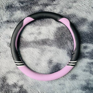 Pink Black Cat Pattern Steering Wheel Cover, Leather Car Accessories, Custom Letter Steering Wheel Cover, Anti-slip Steer Wheel Cover