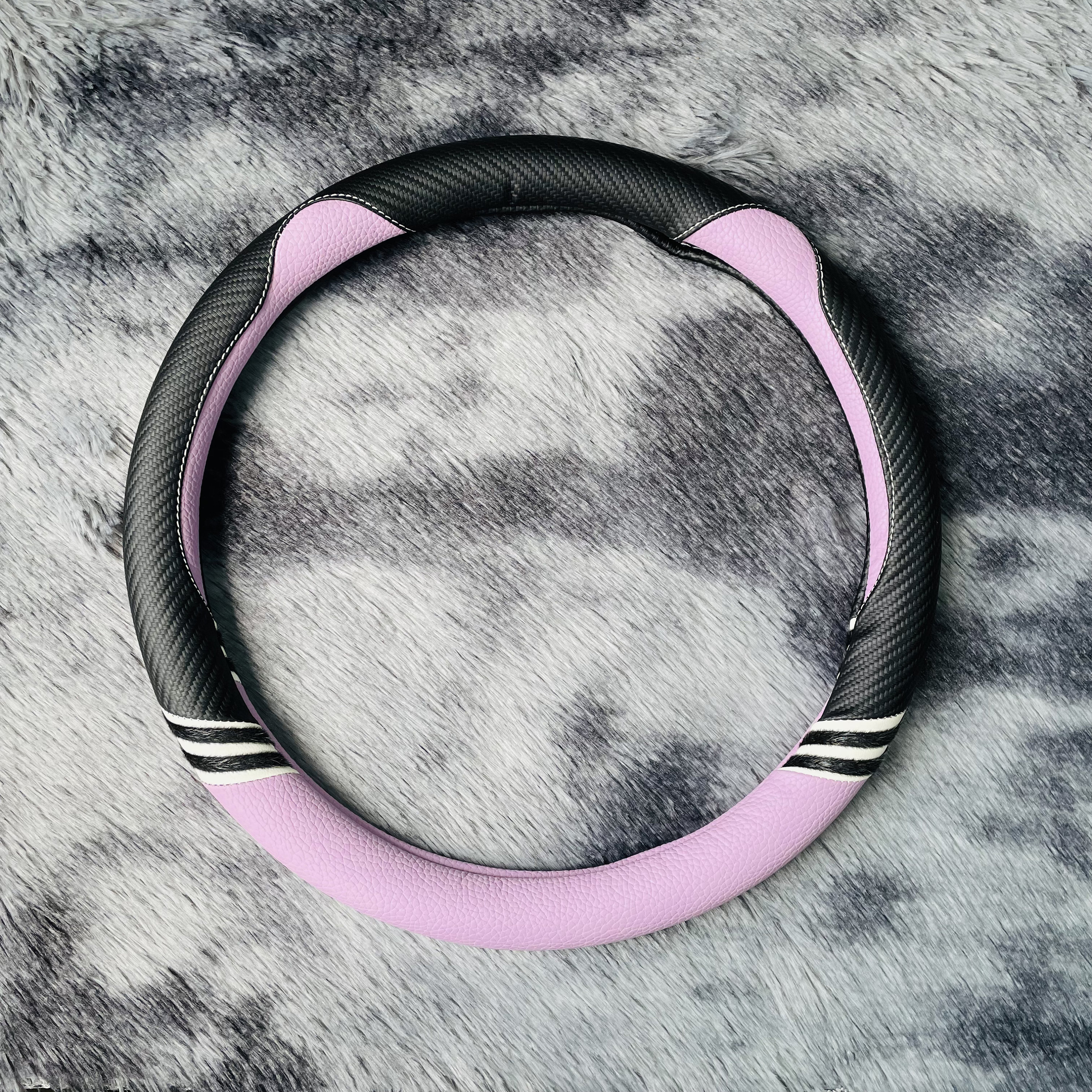 Pink Black Cat Pattern Steering Wheel Cover, Leather Car Accessories, Custom Letter Steering Wheel Cover, Anti-slip Steer Wheel Cover