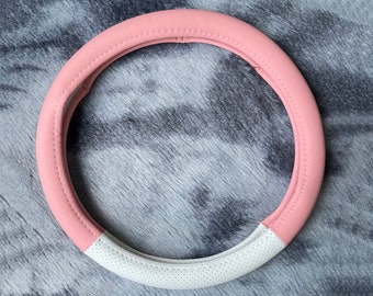 Pink White leather Steering Wheel Cover, leather Car Accessories, Custom Letter Steering Wheel Cover, Anti-slip Steer Wheel Cover