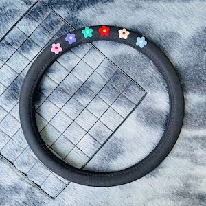 Colorful flowers Black Steering Wheel Cover, Cute Flower Fabric Car Accessories, Steering Wheel Cover supply, Anti-slip Steer Wheel Cover