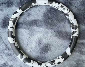 Black white Cow Pattern Steering Wheel Cover, Cow Car Accessories, Custom Letter Steering Wheel Cover, Anti-slip Steer Wheel Cover