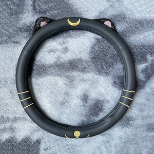 Funda para volante con diseño de gato y luna negra, accesorios de cuero para coche, funda para volante con letras personalizadas, funda antideslizante para volante