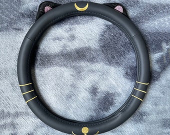 Black Moon Cat Steering Wheel Cover, Leather Car Accessories, Custom Letter Steering Wheel Cover, Anti-slip Steer Wheel Cover