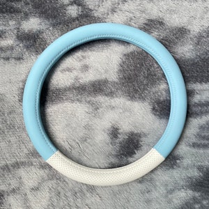 Blue Splicing Steering Wheel Cover, Leather Car Accessories, Custom Letter Steering Wheel Cover, Anti-slip Steer Wheel Cover