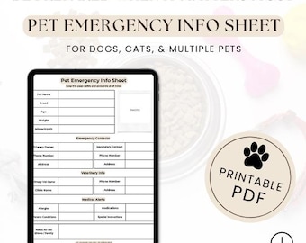 Haustier Notfall Info Blatt druckbare PDF | Hund und Katze Notfallkontakt Form | Haustier medizinische Warnung und Vet Info | Sofort Download