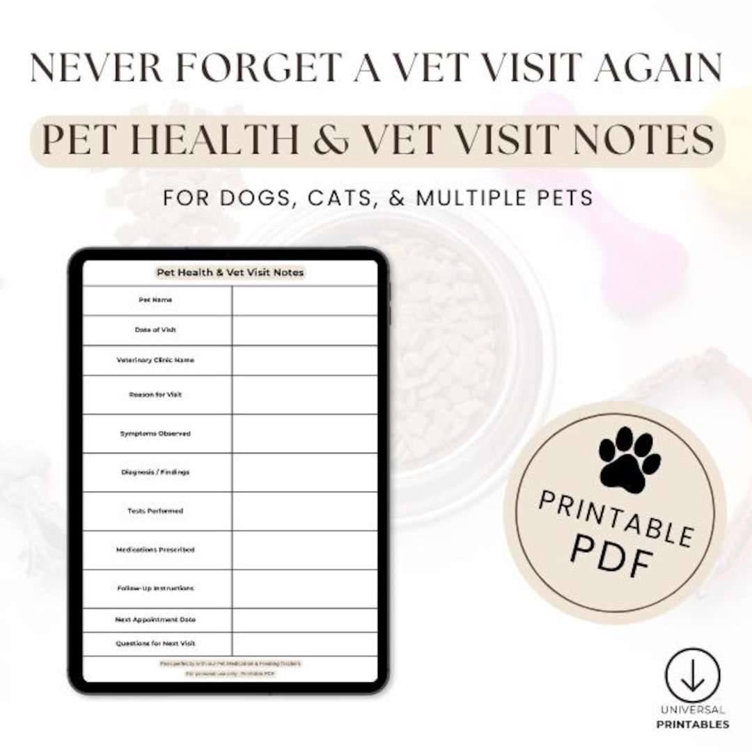 Vet Notes.pdf Pet Health and Vet Visit Notes Printable | Dog & Cat Medical Record Log ...