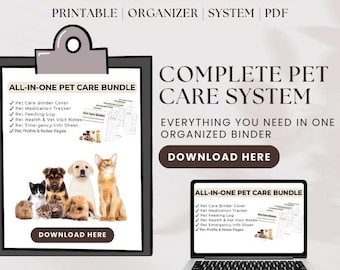 Haustier Pflege Sammelmappe Printable Bundle | Komplettes Tiergesundheits-, Notfall- und Medikamentensystem | Pflegeplan für Hunde und Katzen | Sofort Download PDF