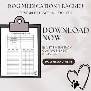 Dog Medication Tracker Printable PDF – Vet Emergency Contact Sheet – Pet Health Organizer