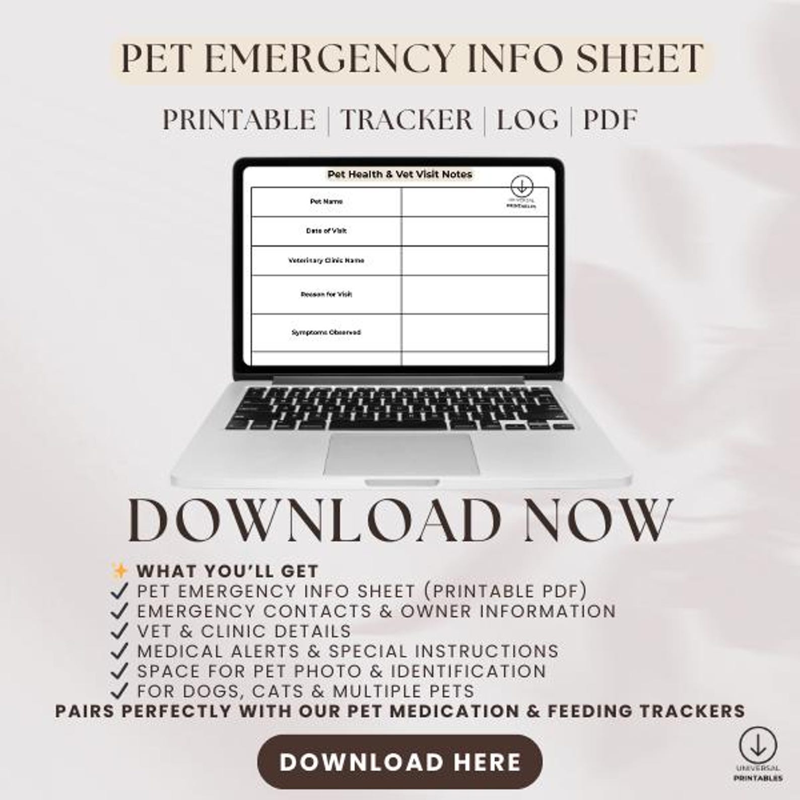 Pet Emergency Info Sheet Printable PDF | Dog and Cat Emergency Contact ...