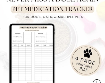 Haustier-Medikamenten-Tracker und Gesundheits-Aufzeichnungs-Bundle | Druckbarer Tierarzt und Notfall Kontakt Planer für Hunde, Katzen & mehrere Haustiere