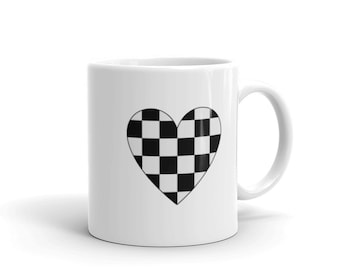 Caneca de café/chá de cerâmica com coração xadrez de 15 onças