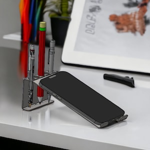 Industrial Dual Phone & Pen Holder - Cnc Laser Cut DXF/DWG File | Adjustable Desk Organizer | Steampunk Office Accessory DIY