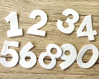 May include: A collection of white felt numbers from zero to nine, arranged on a light brown wooden surface. The numbers are in a sans-serif font and appear to be cut out. The felt has a soft, textured appearance.