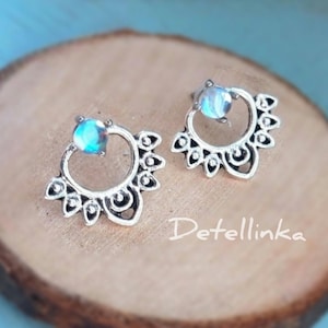 Moonstone Ear Jackets Aurora Lotus Studs Boho Jewelry Double sided Earrings Dainty Gift