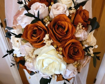 Fall Autumn Rust Orange, Cream and Blush Traditional Bridal Bouquet