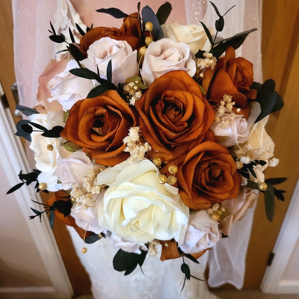 Fall Autumn Rust Orange, Cream and Blush Traditional Bridal Bouquet