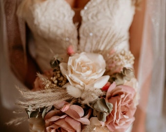 Dusty Pink Artificial Rose and Natural Dried Foliage Traditional Bridal Bouquet
