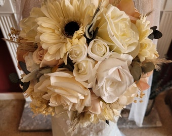 Cream and Blush Artificial Rose and Daisy Traditional Bridal Bouquet with Natural Dried Foliage