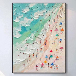 Happy Coast Painting Swimming Painting Custom Painting Texture Wall Art Personalized Gift Summer Art Costal Art Crowds on the Shore Painting