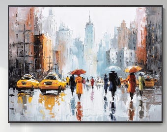 Abstract cityscape oil paintings, original street scene canvas art, urban decor featuring thick impasto in neutral tones, home decor vibrant