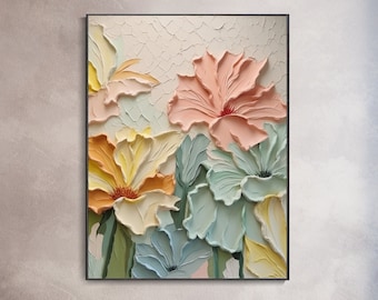 Arte de pared en lienzo 3D de flores originales en tonos cálidos Textura abstracta para sala de estar Regalo para ella Pintura floral de