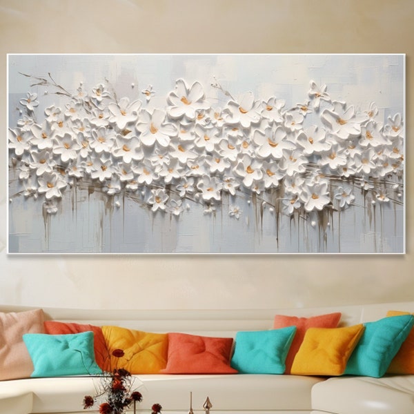 Modern Abstract Hand Wabi-Sabi Art 3D White Floral Texture Art Minimalist Painting Fashion Wall Decor Living Room Sofa Wall Art 100% Hand