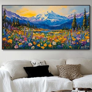Sunset Meadow Canvas Oil Painting Vibrant Wildflowers Canvas Living Room Textured Rural Wall Art Countryside Floral Art Tranquil Scenery Art