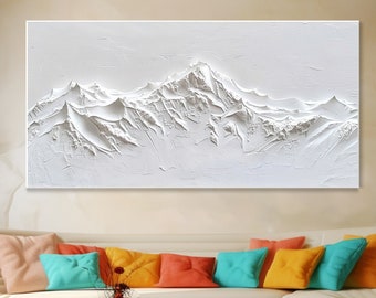 Original 3D White Mountain Painting on Canvas Framed Plaster Style Textured Wall Art Ivory Wabi-Sabi Living Room Decor Boho Modern Canvas