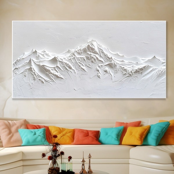 Original 3D White Mountain Painting on Canvas Framed Plaster Style Textured Wall Art Ivory Wabi-Sabi Living Room Decor Boho Modern Canvas