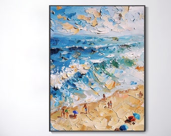 Côte Joyeuse Scène de Plage Texture Épaisse Peinture au Couteau Personnalisée Décoration Murale Art Cadeau Original Horizontal Salon Chambre