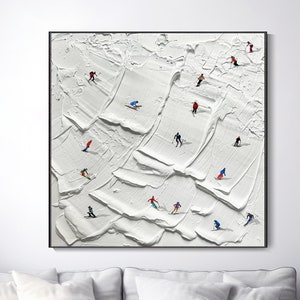 Abstract Texture White Snowy Mountains Hand Art, Ski Sports Oil Painting On Canvas, Skier Sports, Winter Decor Wall Art Large Wall Landscape