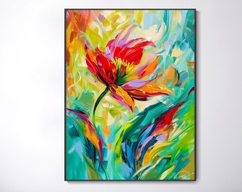 Modern Abstract Boho Flower Hand Oil Painting Original Thick Texture Art Canvas Decor Custom Home Wall Gift Blooming Floral Artwork