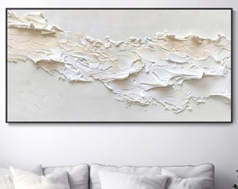 3D Textured White Wave Wabi-Sabi Knife Painting Ivory Highlights Gypsum Texture Modern Decor Abstract Landscape Oil Painting Boho Wall Art