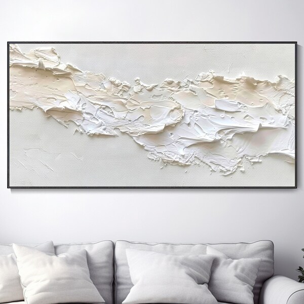 3D Textured White Wave Wabi-Sabi Knife Painting Ivory Highlights Gypsum Texture Modern Decor Abstract Landscape Oil Painting Boho Wall Art