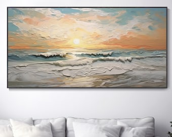 Modern Abstract Oil Painting Hand-Textured 3D White Waves Wall Art For Living Room Sofa Backdrop Sunrise Ocean Scenery Original Artist