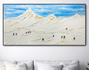 Sci su tela pittura originale ad olio, arte murale texture sciatore montagna innevata personalizzato, bianco invernale innevato soggiorno