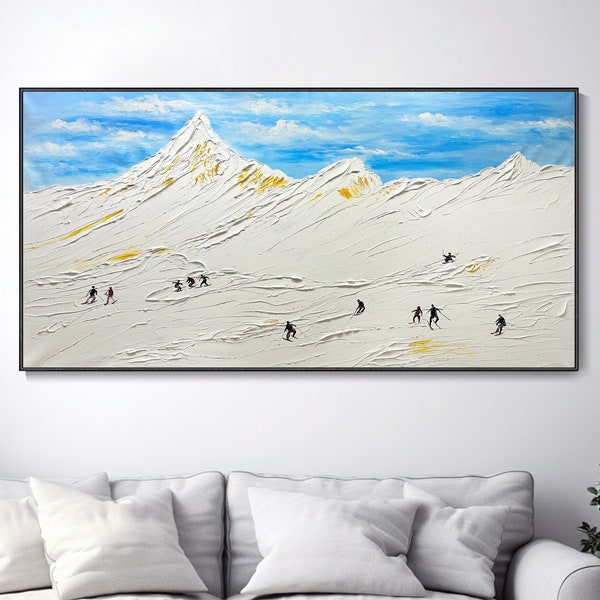 36*72 Skiing On Canvas Original Painting Painting Custom Snowy Mountain Skier Texture Wall Winter White Snowy Living Room Hanging Painting