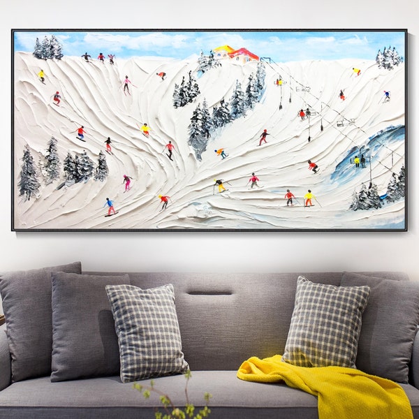 Sciare su tela dipinta a olio, texture astratta di montagne innevate dipinte a mano, sciatore sportivo, arte murale decor invernale