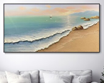 Abstract Beach Seascape Oil Painting Hand Thick Texture Canvas Wall Decor Blue White Tones Sunrise Ocean View Horizontal Wave Wall Art