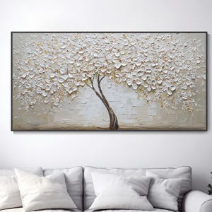 Original White Tree Blooming Floral Painting On Canvas 3D Abstract Texture Wall Art Sky Landscape Tree Art Living Room Art Nature Scenery