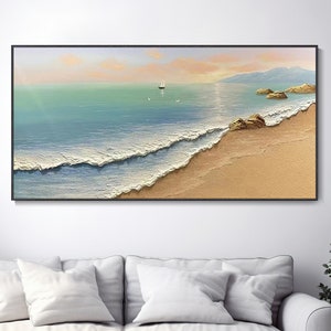 Abstract Beach Seascape Oil Painting Hand Thick Texture Canvas Wall Decor Blue White Tones Sunrise Ocean View Horizontal Wave Wall Art