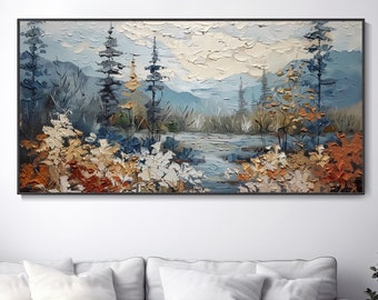 Original Hand-Drawn Abstract River Oil Painting Impressionist Landscape Home Decor Wall Art Forest Autumn Canvas Thick Texture Bedroom Wall